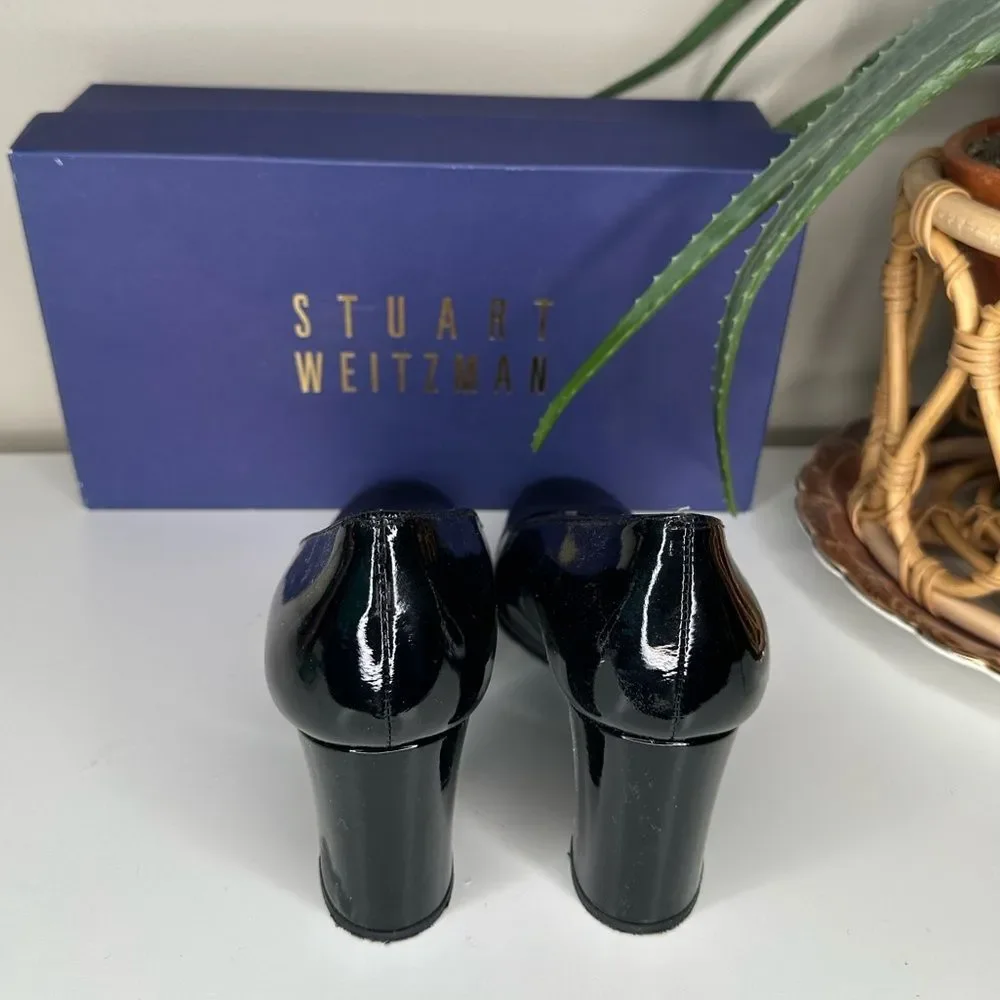 VTG Stuart Weitzman Lex Black Patent Leather Pumps 7.5 AA Block Heel Square Toe - Picture 4 of 15